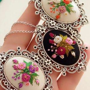 Embroidered Pendant Necklace - Floral Necklace
