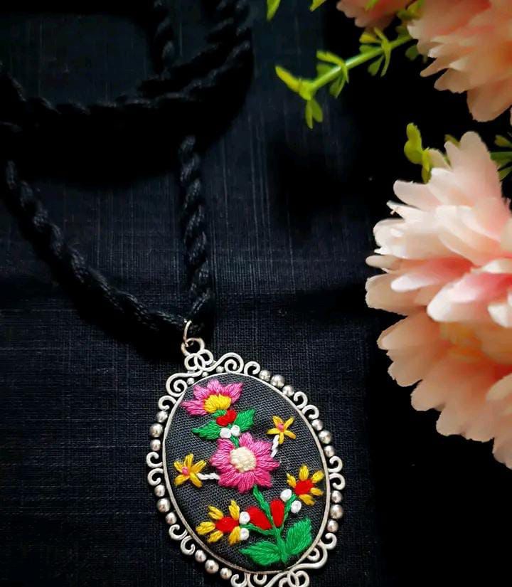 Embroidered Pendant Necklace - Floral Necklace