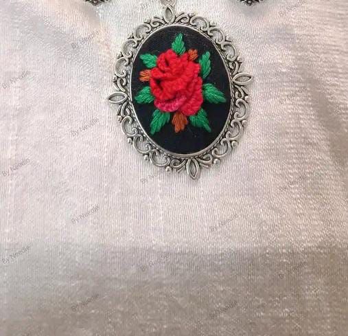 Embroidered Pendant Necklace - Floral Necklace