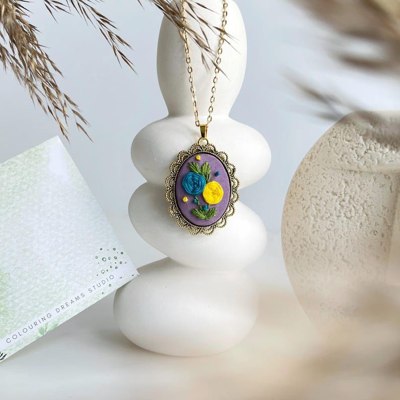 Embroidered Pendant Necklace - Floral Necklace