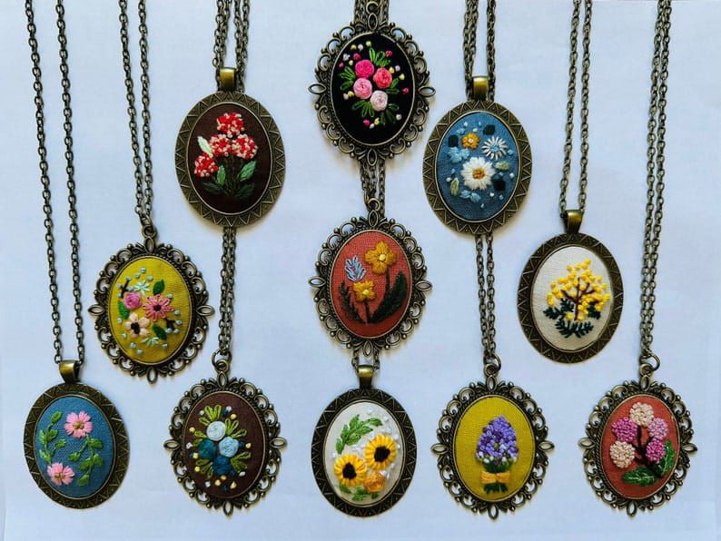 Embroidered Pendant Necklace - Floral Necklace