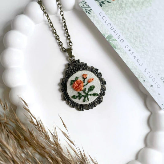 Embroidered Pendant Necklace - Floral Necklace
