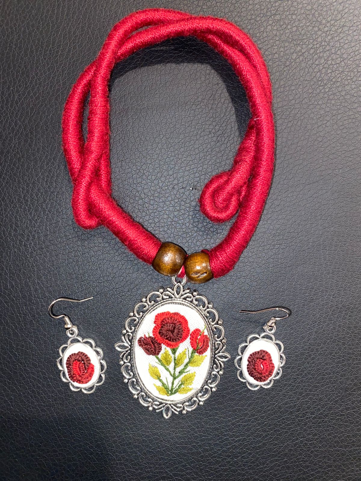 Embroidered Pendant Necklace - Floral Necklace with ear pieces
