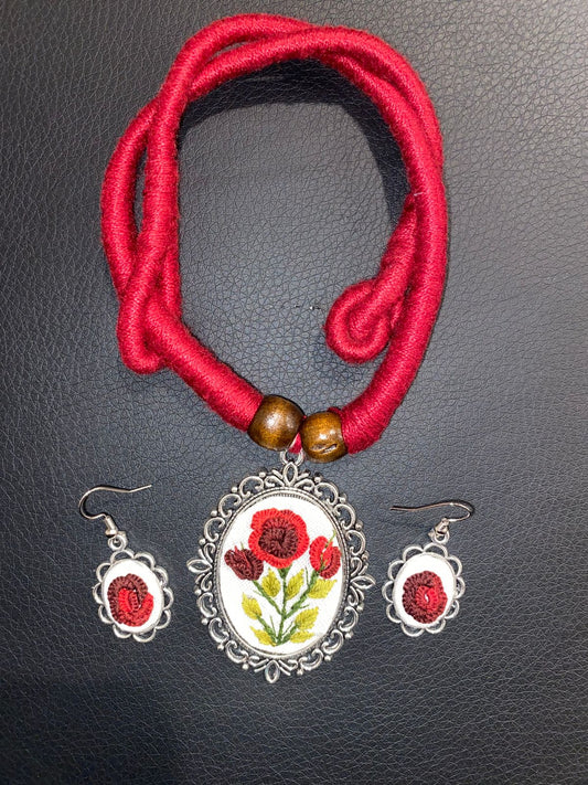 Embroidered Pendant Necklace - Floral Necklace with ear pieces